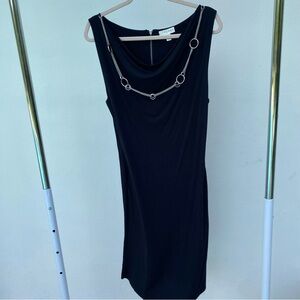 Minimalist Black Jersey Silver Chain Embellished Midi Dress Size Medium